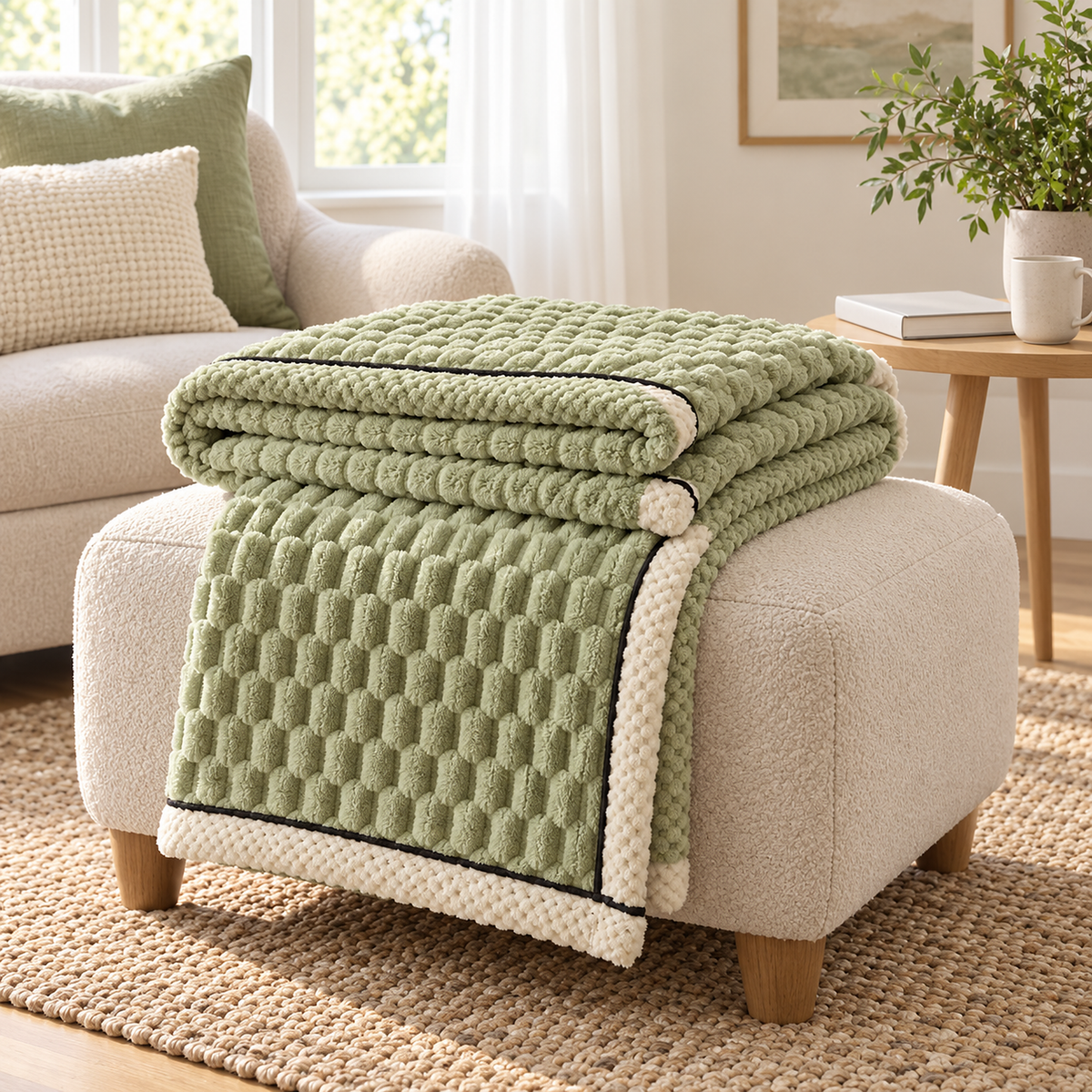 Somarel matcha throw blanket for couch loosely folded on an ivory ottoman in a garden facing room #color_matcha