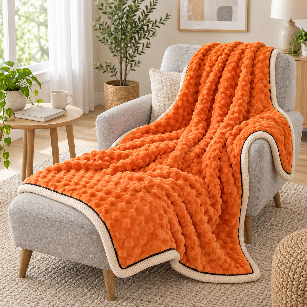 Somarel orange throw blanket for couch gathered across a chair and footstool in a sunlit nook #color_orange