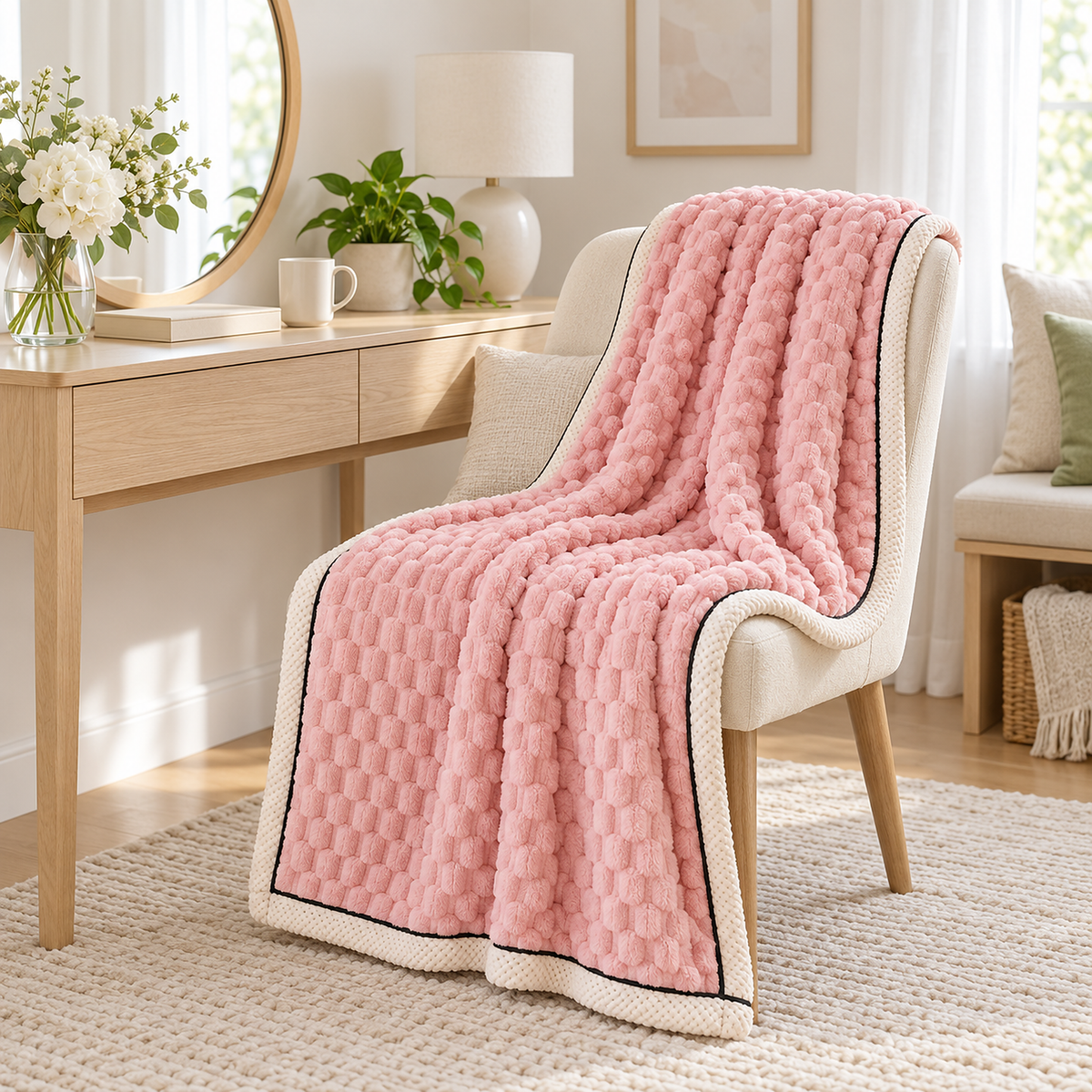 Somarel pink plush throw blanket opened over an ivory vanity chair in a sitting alcove #color_pink