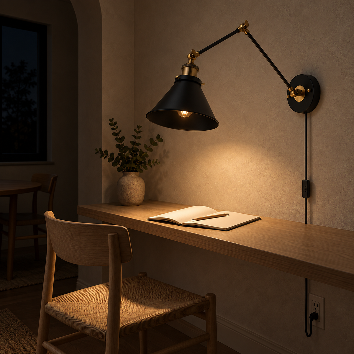 Sonatire black wall lamp casting warm light over writing in a night dining alcove