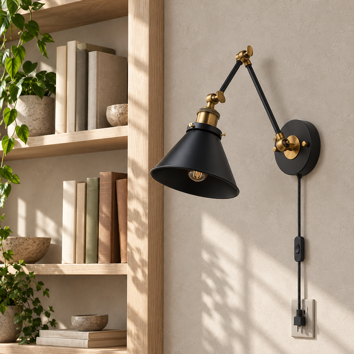 Sonatire black wall lamp folded close beside daylit library shelves