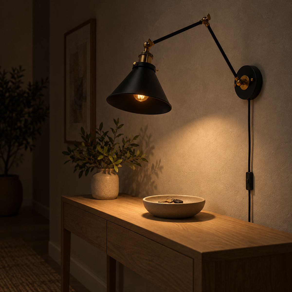 Sonatire black wall sconce washing hallway plaster with light at night