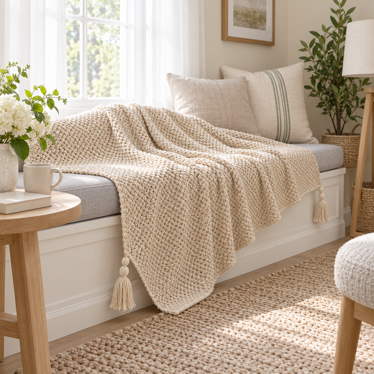 Soralvi beige soft throw blanket draped across a cushioned window bench in a breakfast room #color_beige