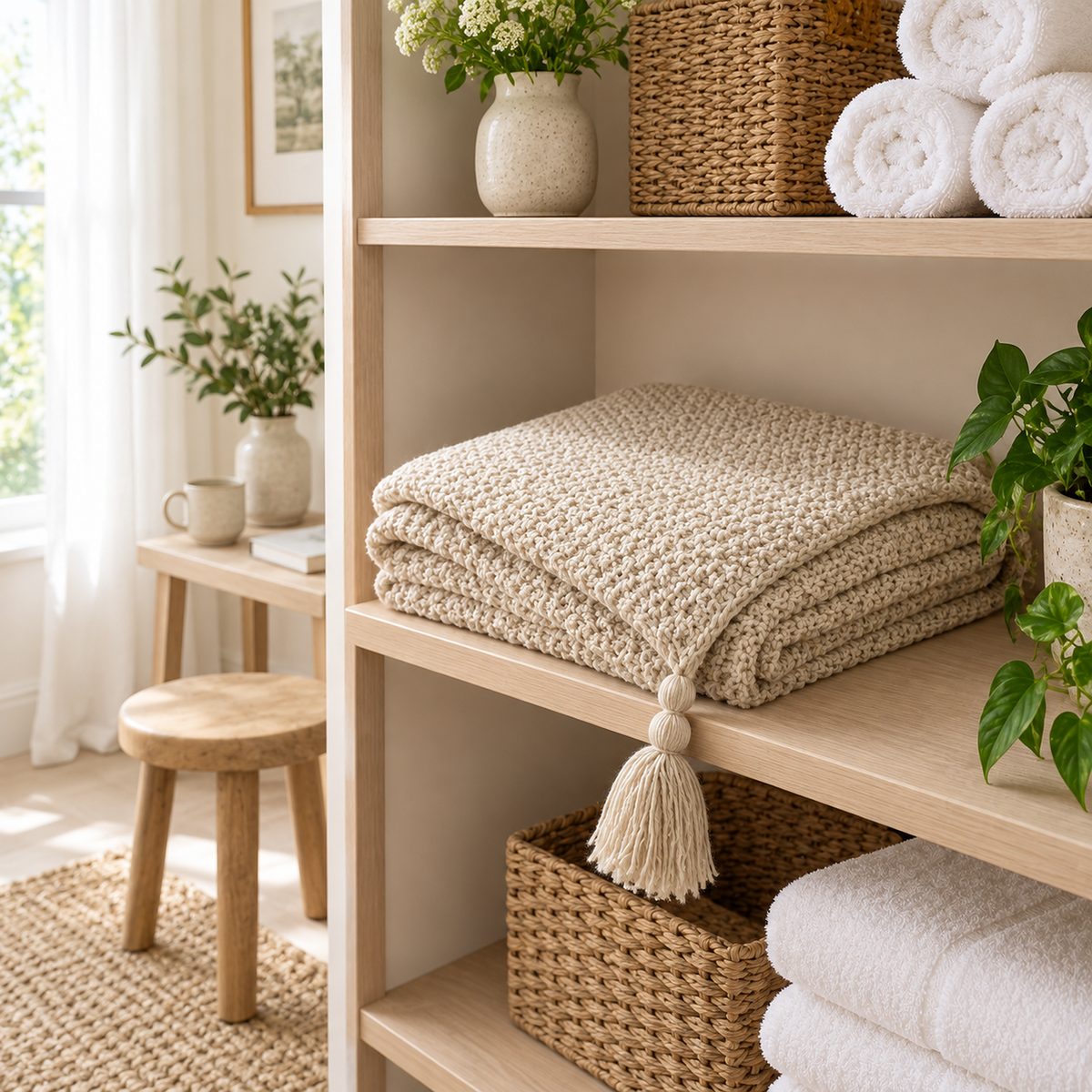 Soralvi beige throw blanket loosely folded on a shelf in a storage alcove #color_beige