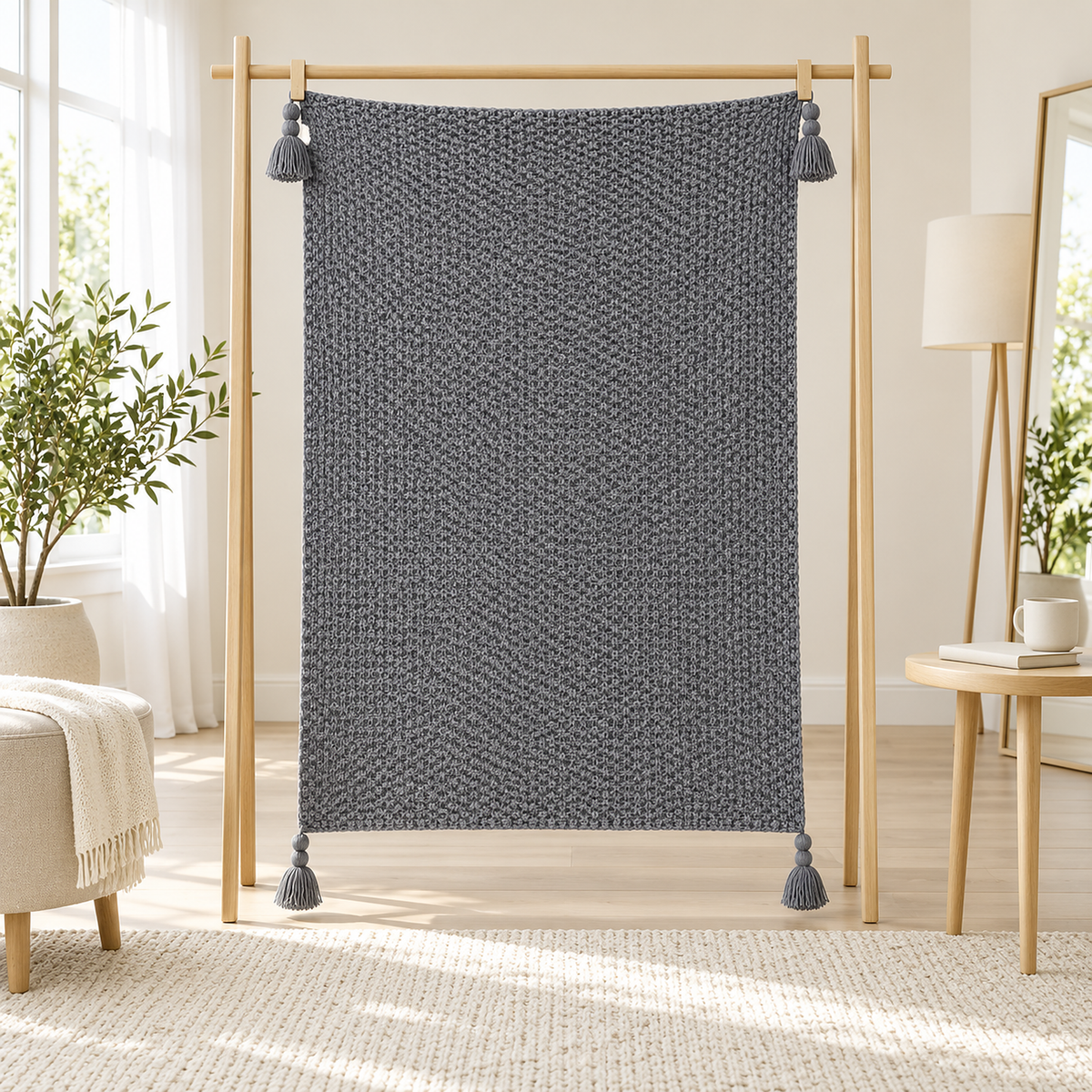 Soralvi gray knit throw blanket in the double size fully open on a wooden blanket rail