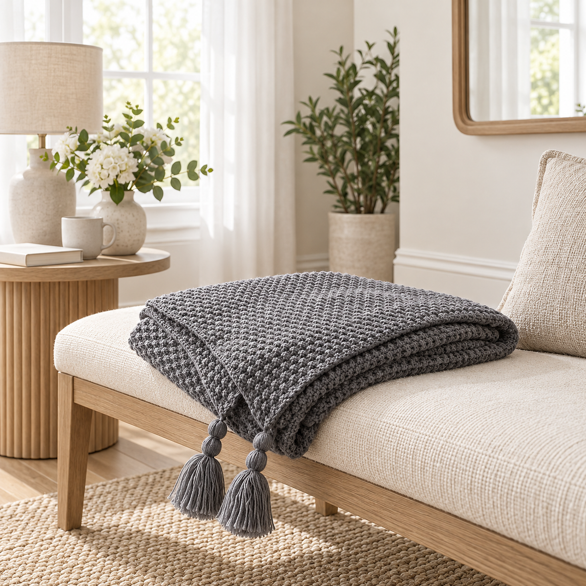 Soralvi gray soft throw blanket folded in shallow layers on a bench in an entrance sitting alcove