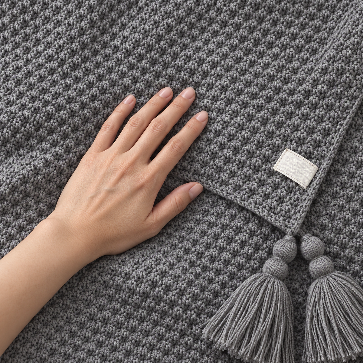 Soralvi gray soft throw blanket with an adult hand pressing the knit beside a corner tassel