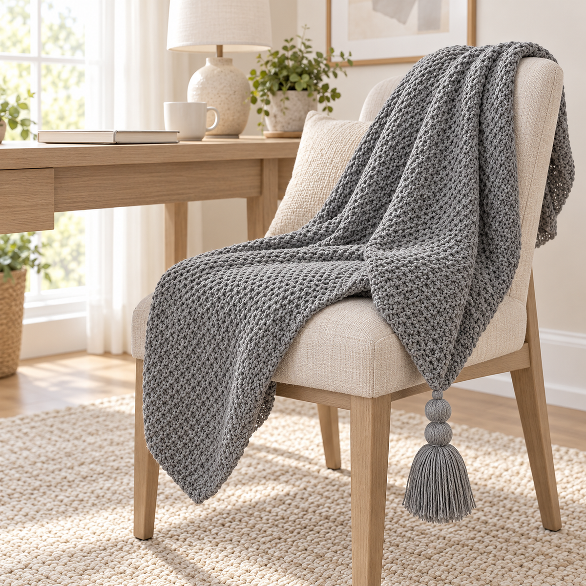 Soralvi gray throw blanket corner hanging loose with a wrapped yarn tassel in a writing nook