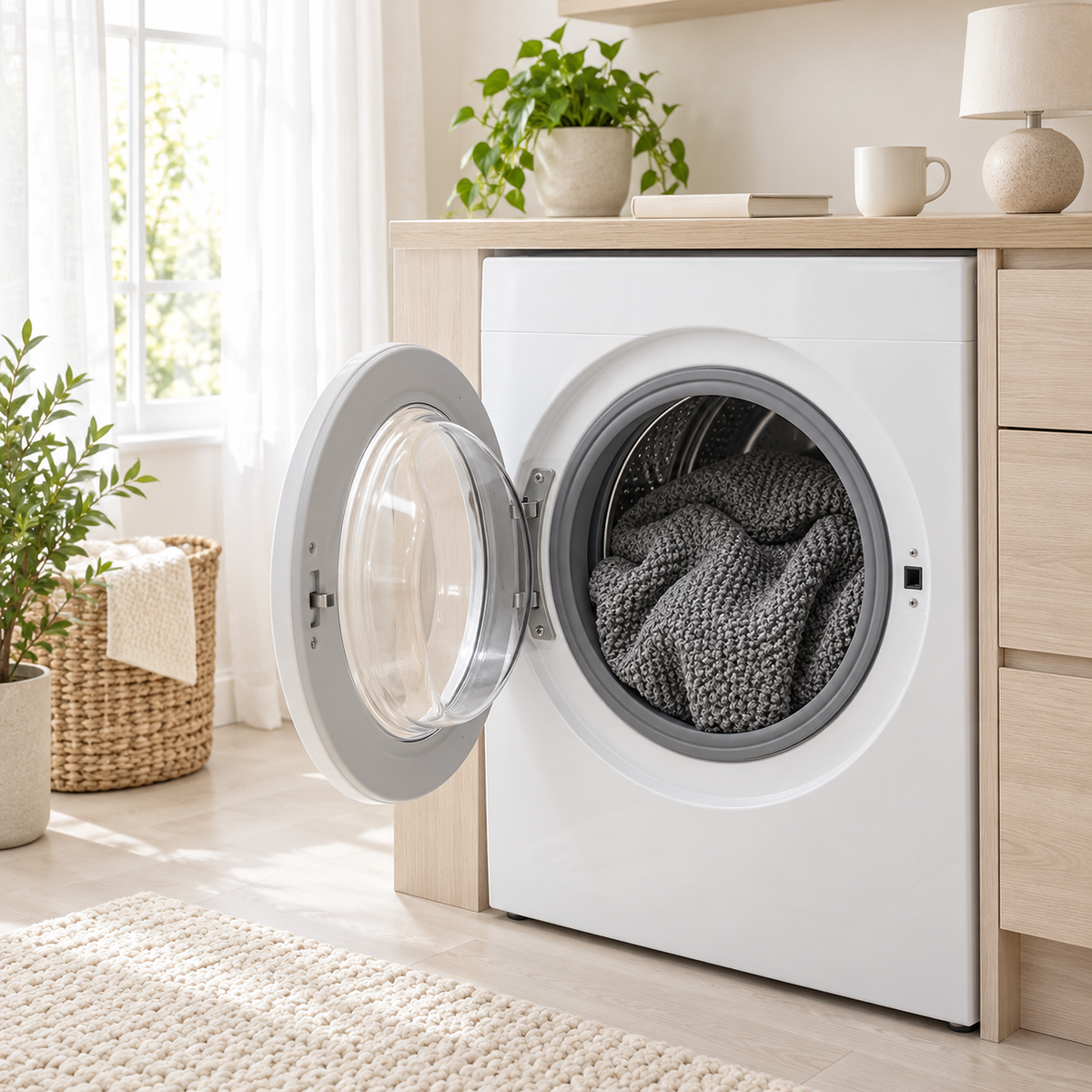 Soralvi gray throw blanket in an open washing machine, ready for a cold gentle cycle