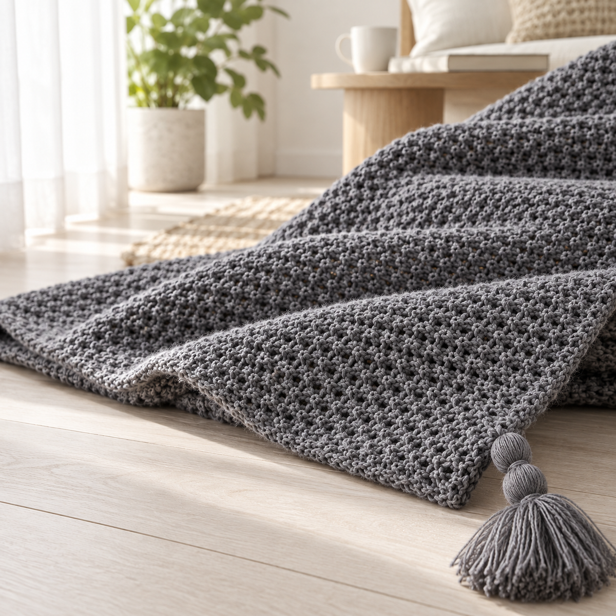 Soralvi soft throw blanket in gray, close up of the small raised stitches in the knit