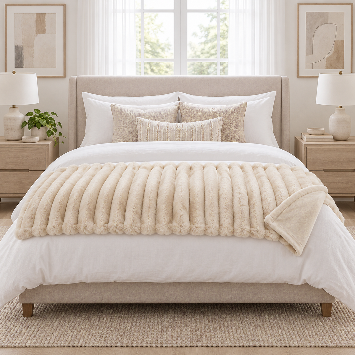 Sorelvi beige faux fur throw blanket folded across the foot of the bed in the main bedroom