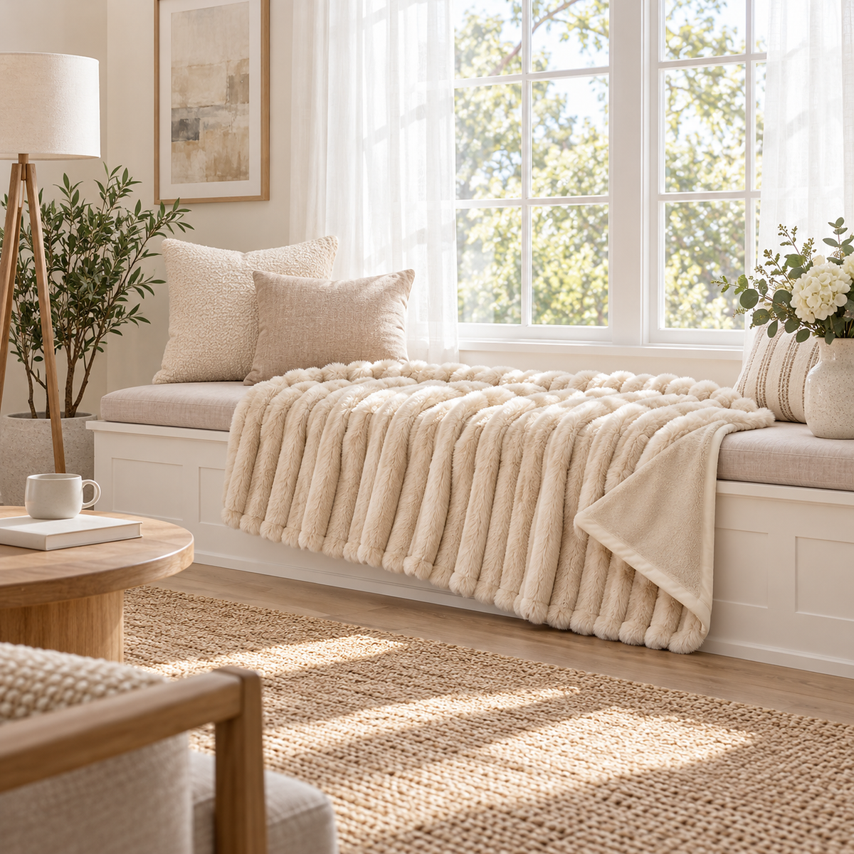 Sorelvi beige faux fur throw blanket opened face up along a cushioned window seat