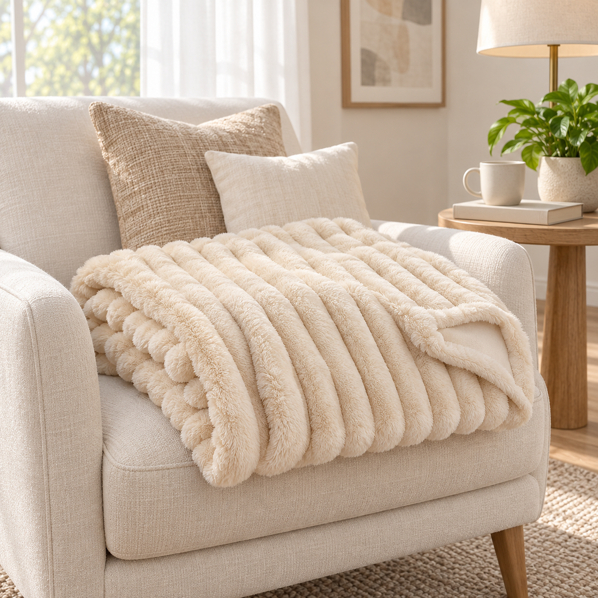 Sorelvi beige plush throw blanket in loose folded layers showing the fabric thickness in a gallery alcove