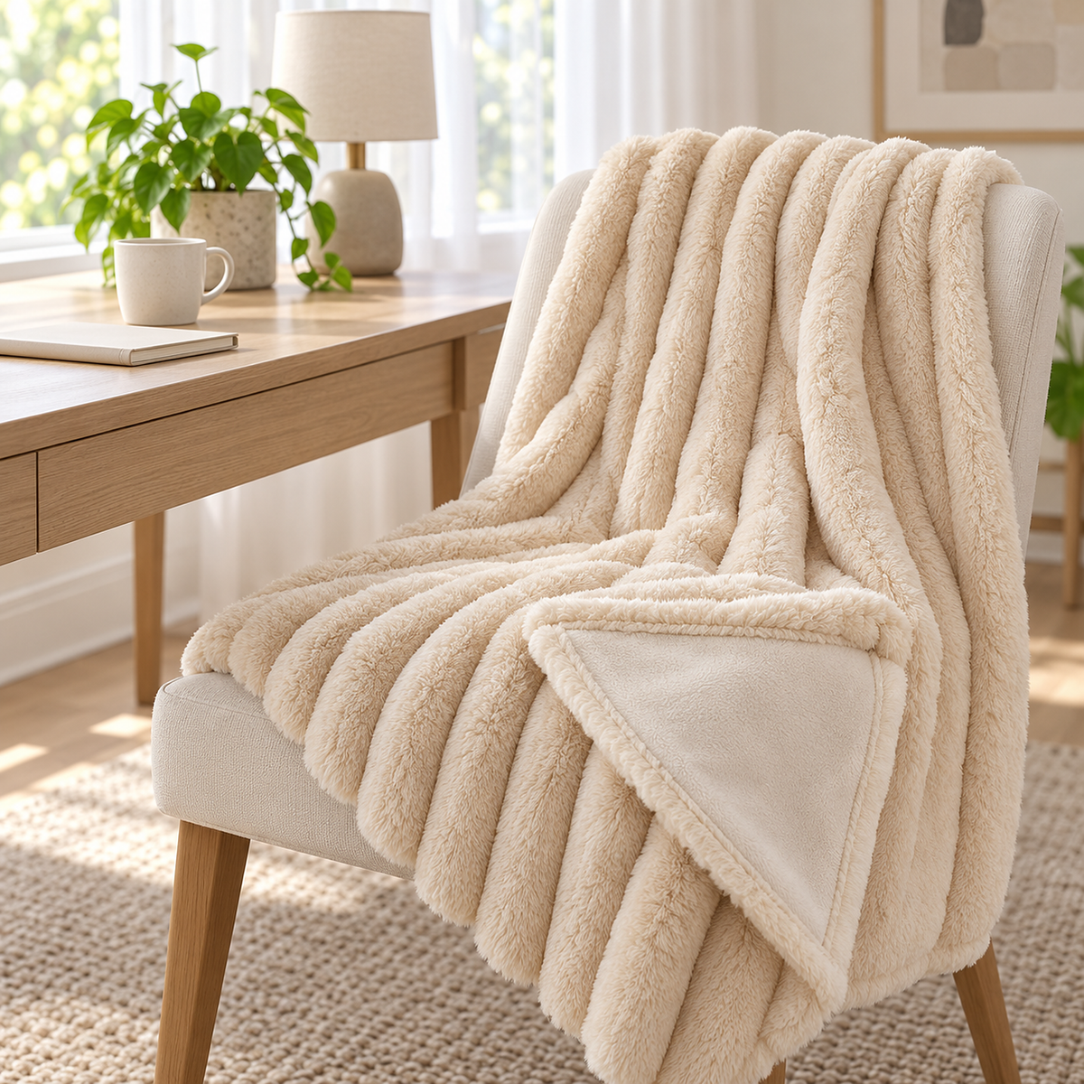 Sorelvi beige reversible throw blanket with a corner turned to show the smooth short pile backing and stitched edge