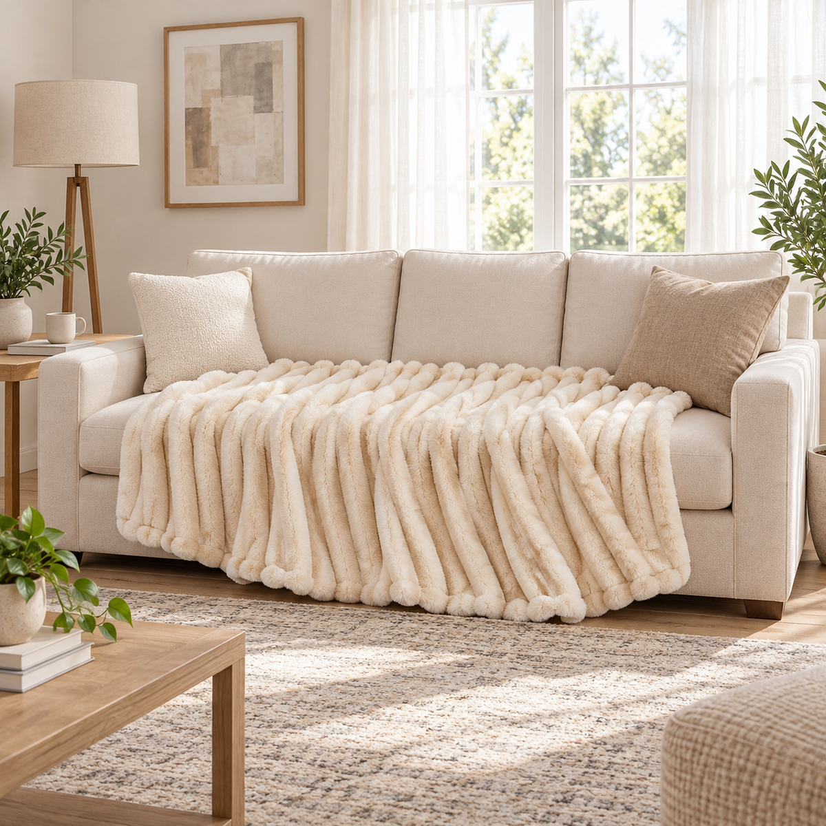 Sorelvi beige throw blanket for couch opened across the seat cushions of a living room sofa