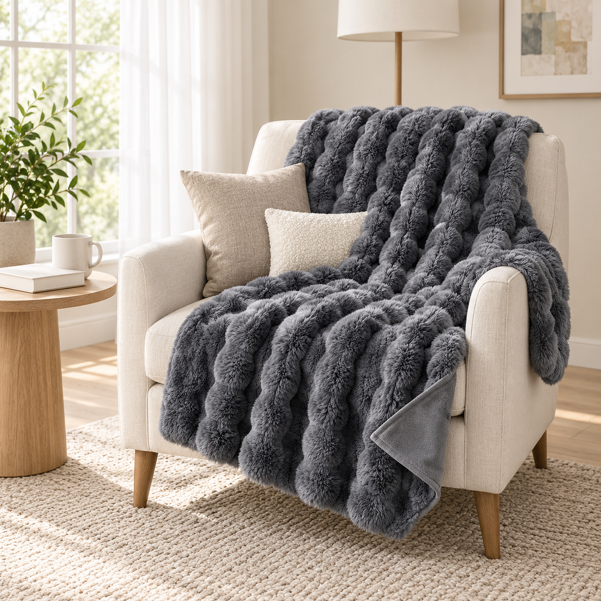 Sorelvi gray plush throw blanket draped on an ivory armchair in a gray reading alcove #color_gray
