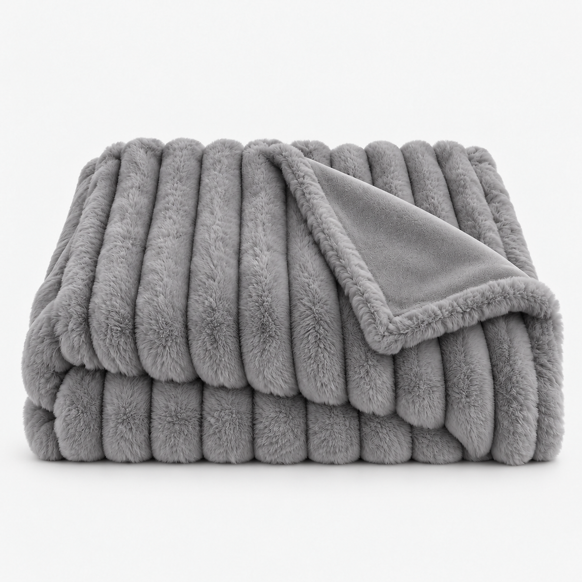 Sorelvi gray throw blanket for couch neatly folded on white to show the solid color faux fur ribs #color_gray