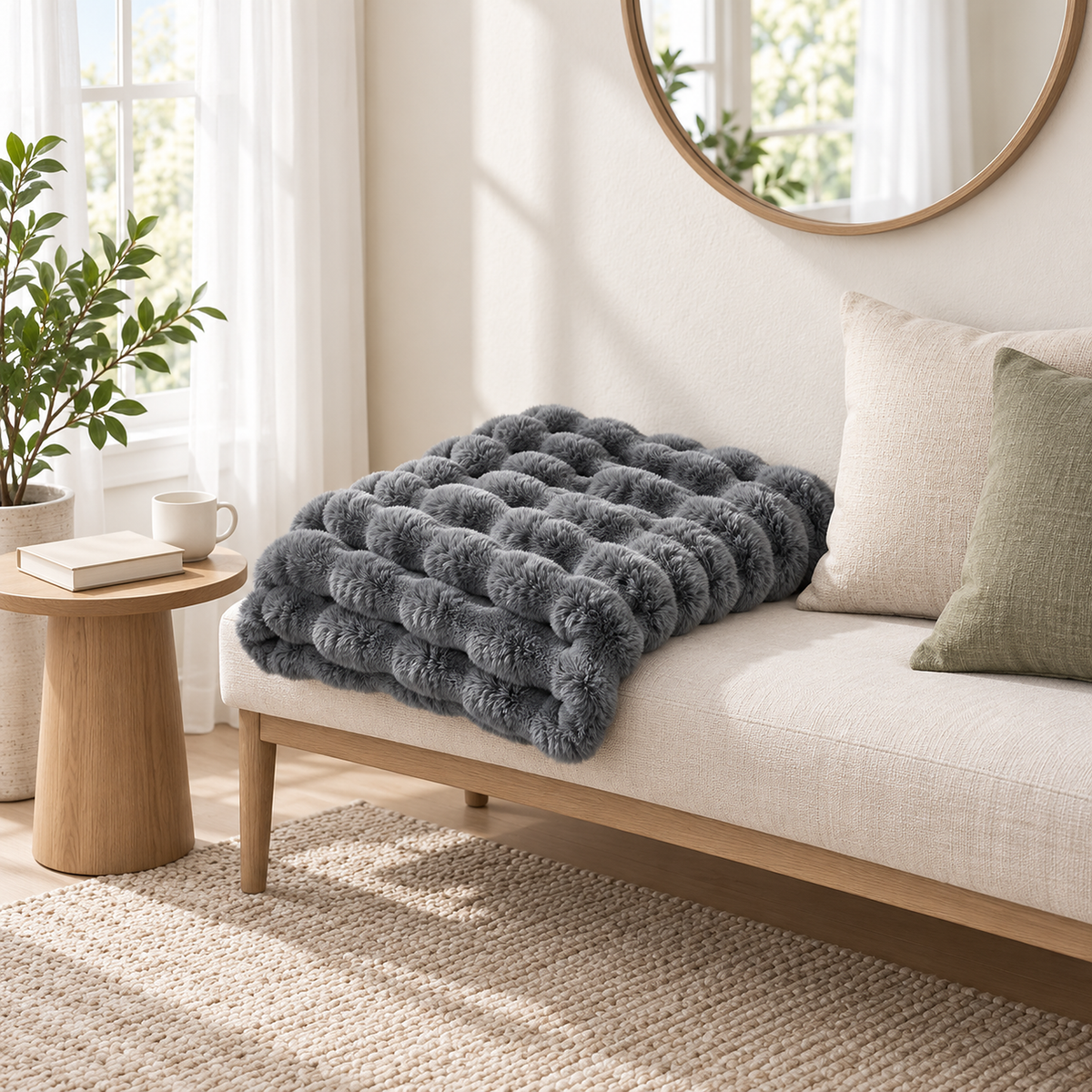 Sorelvi gray throw blanket loosely folded on a landing bench beside gray finishes #color_gray