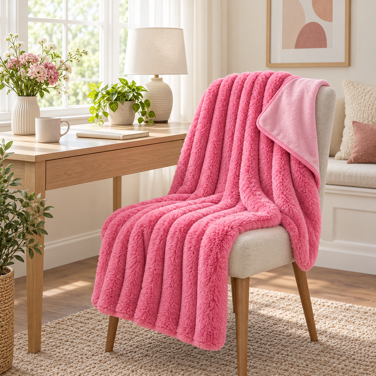 Sorelvi hot pink throw blanket for couch opened over a writing chair in a pink writing corner #color_hot pink