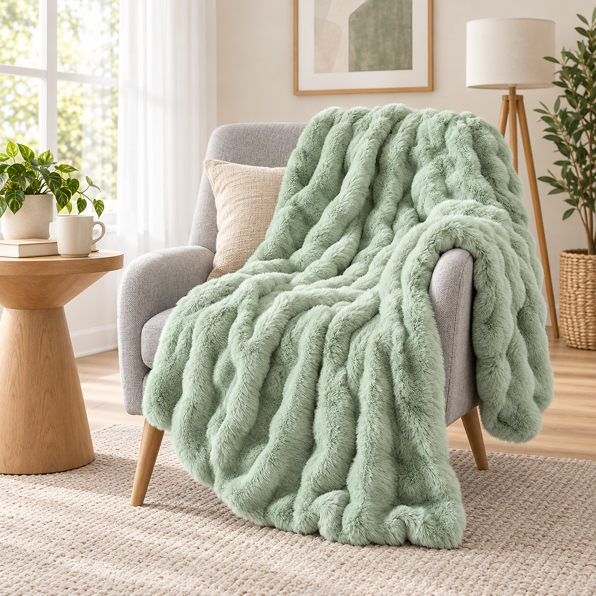 Sorelvi sage green plush throw blanket draped over a lounge chair in a sage lounge corner #color_sage green