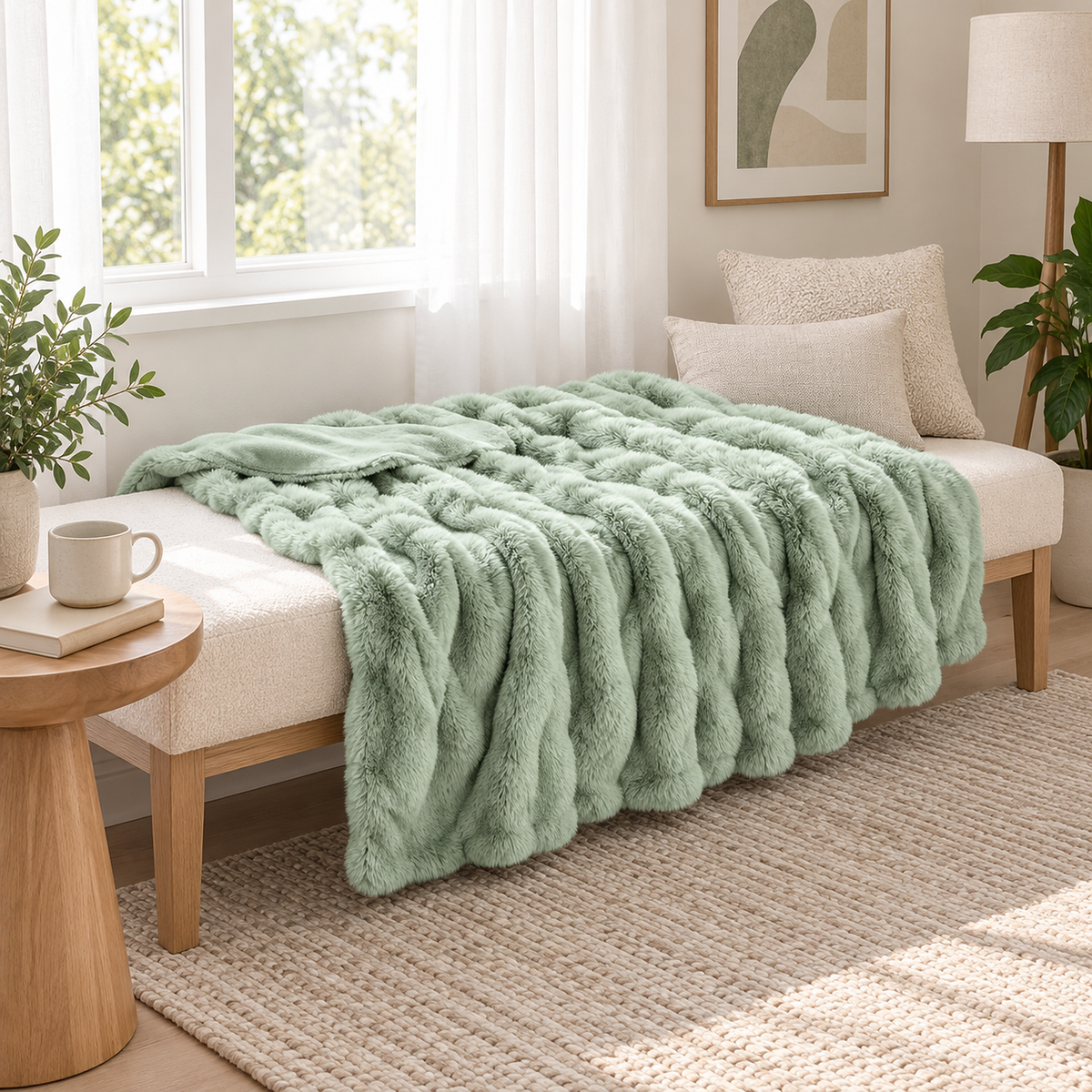 Sorelvi sage green throw blanket opened across an ivory bench in a garden facing sitting bay #color_sage green