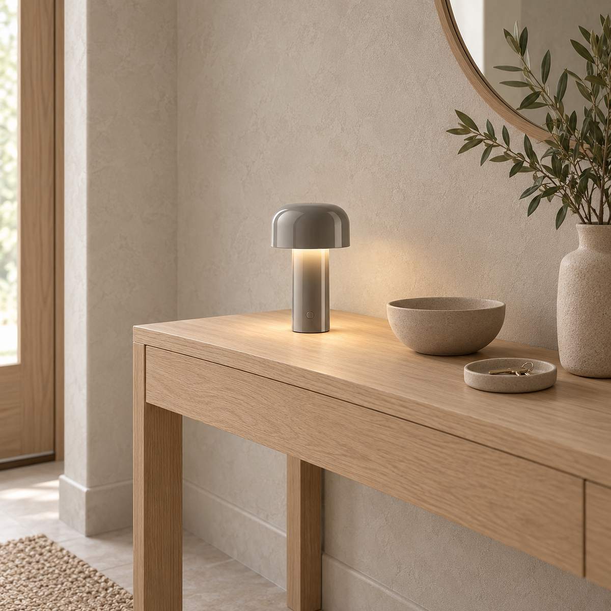 Sorimel gray battery operated table lamp glowing on a pale entry console by day #color_gray