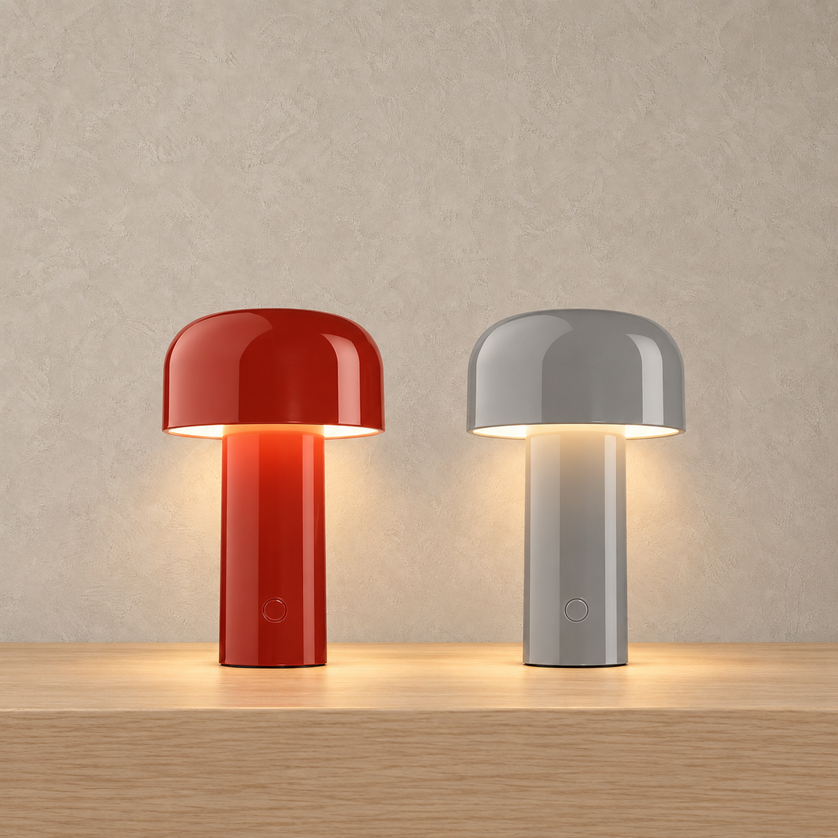 Sorimel red and gray table lamps lit side by side, showing both mushroom lamp colors