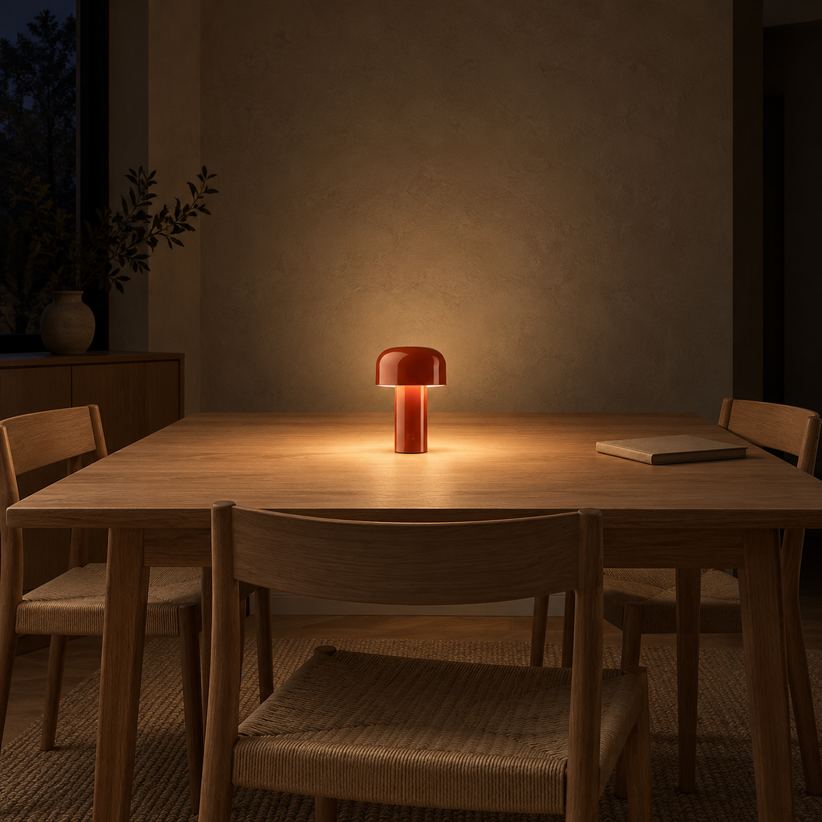 Sorimel red battery operated table lamp glowing on a cleared dining table at night