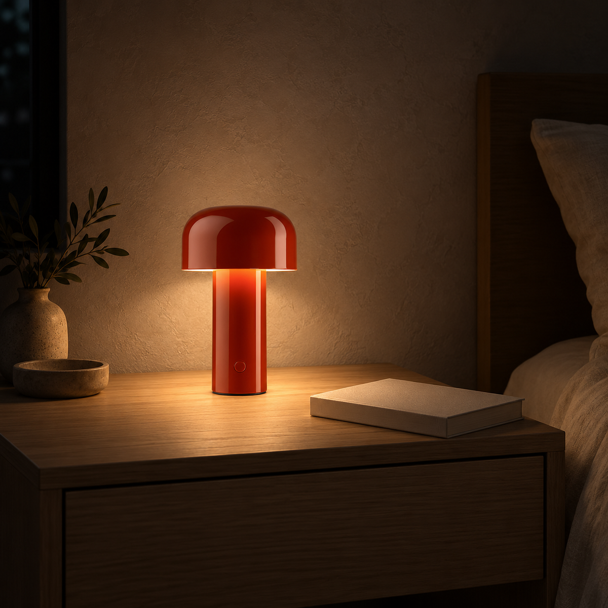 Sorimel red bedside lamp casting a small pool of light in a bedroom after dark