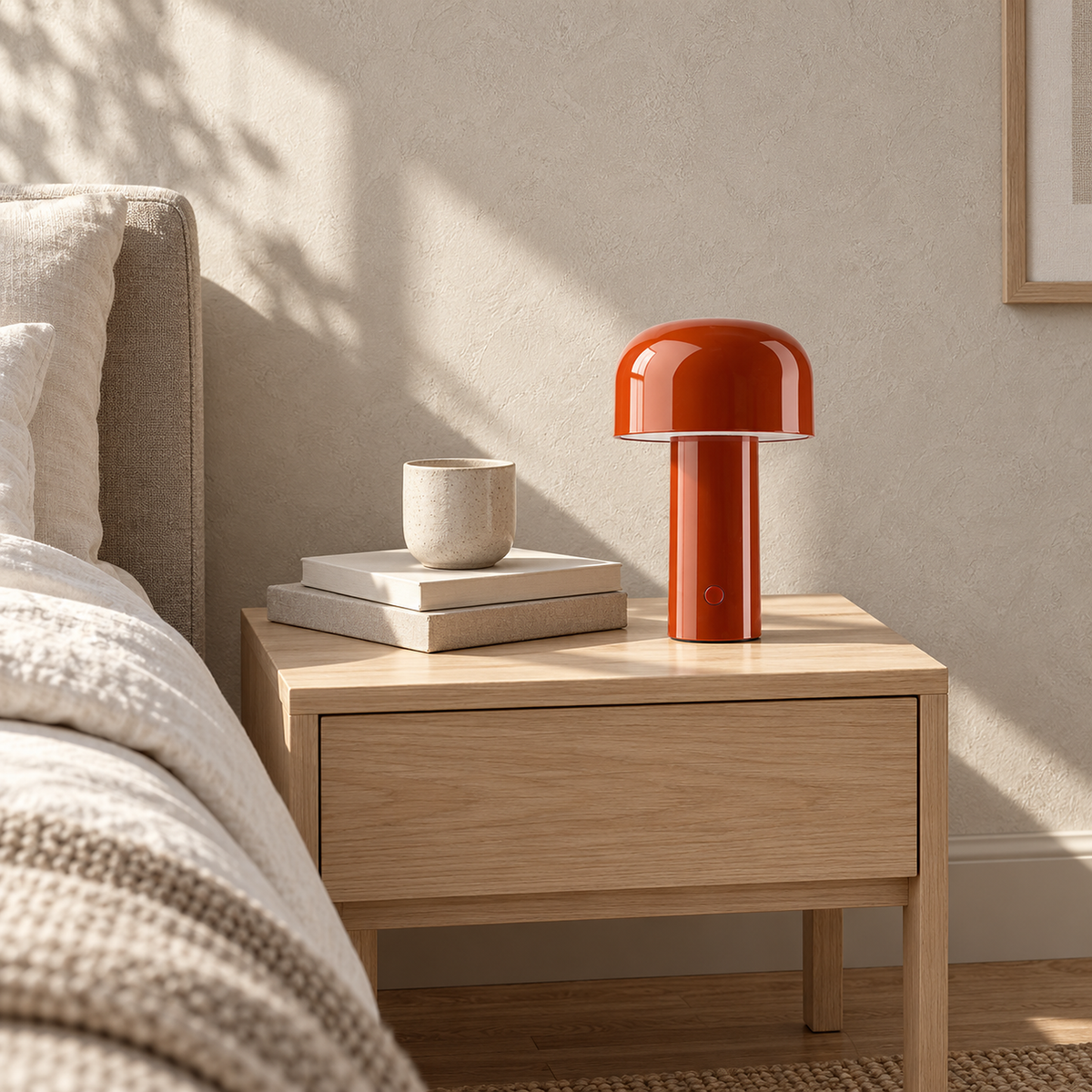 Sorimel red cordless table lamp, unlit among books on a sunny guest bedroom nightstand