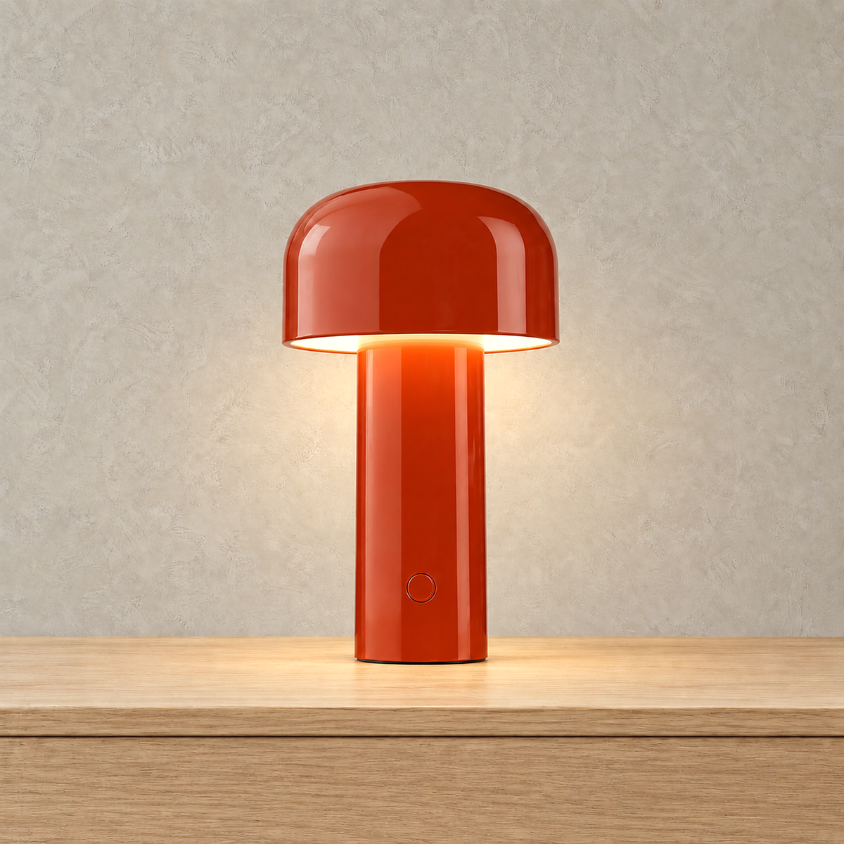 Sorimel red rechargeable table lamp lit, its glow sheltered beneath the mushroom cap