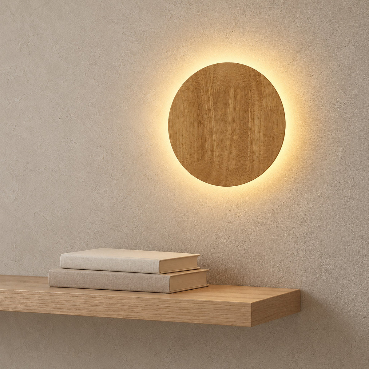 Sorivan light brown cordless wall lamp lit beside a plain library shelf of books