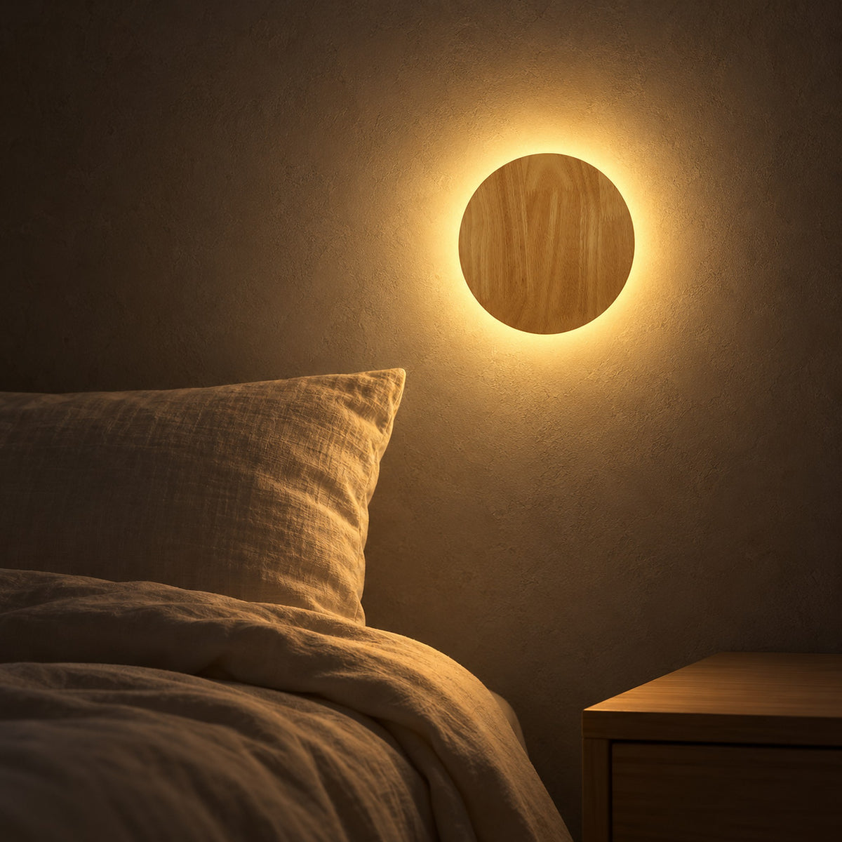 Sorivan light brown rechargeable wall sconce glowing warm above bedding in a guest bedroom at night