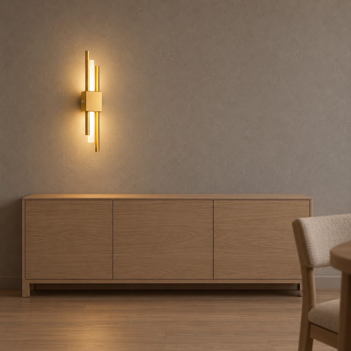 Sorlimo gold and white wall light casting a warm glow above a dining room sideboard