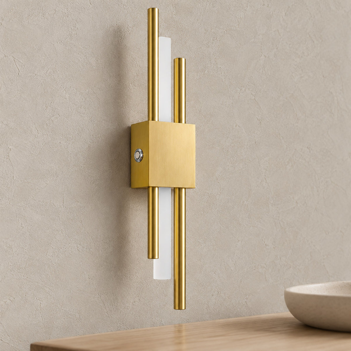 Sorlimo gold and white wall sconce close up of the gold plated iron body and acrylic shade
