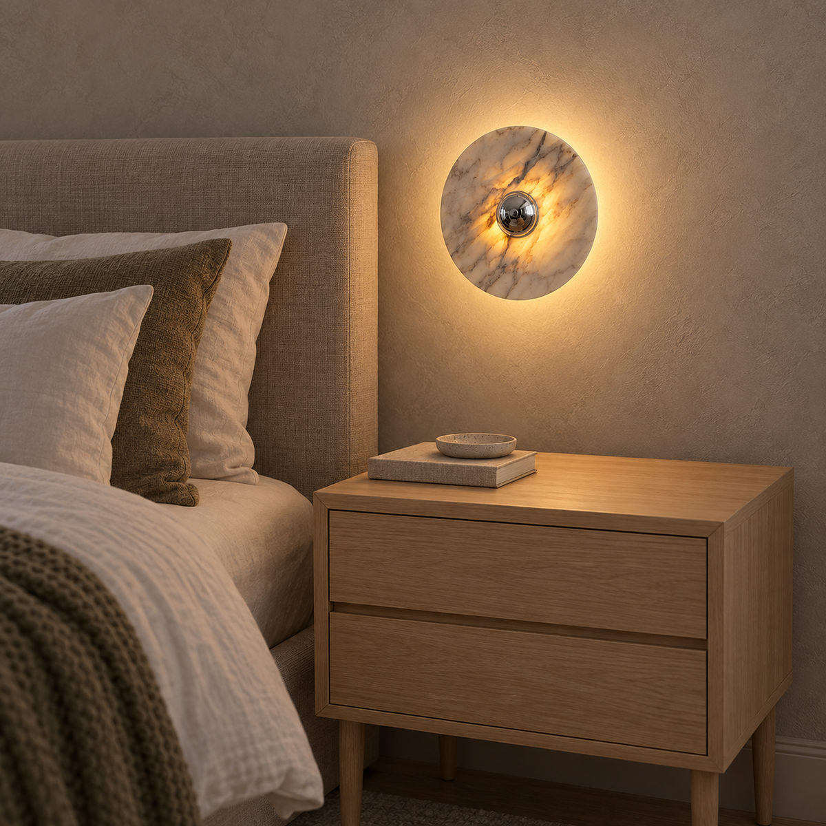 Talemio chrome bedside lamp lit on the wall, leaving the guest nightstand surface free