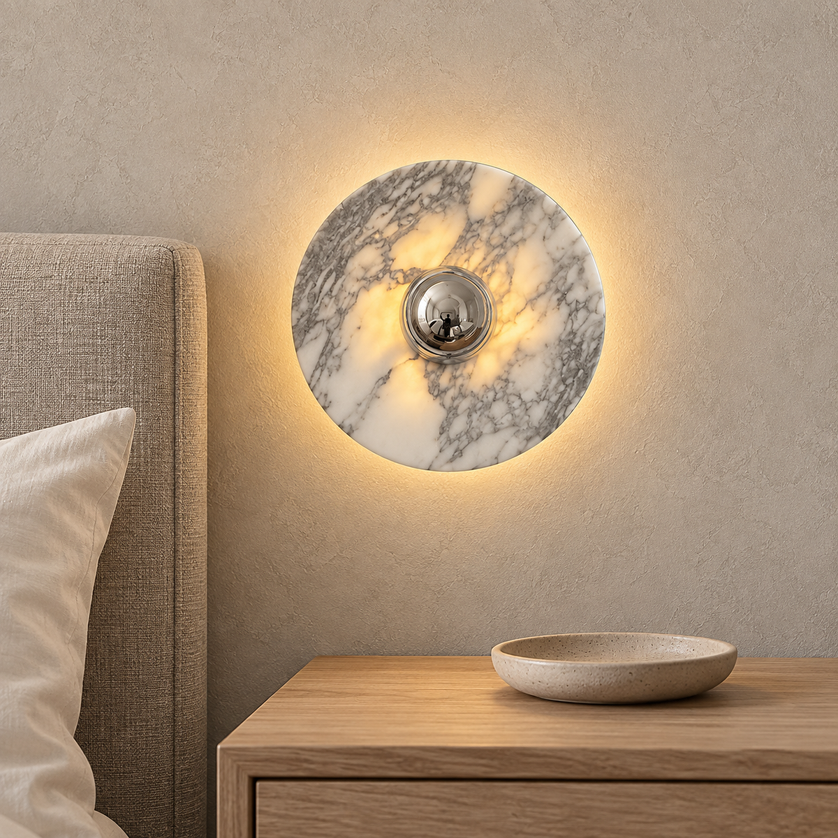 Talemio chrome LED wall sconce glowing warm above a bedroom nightstand