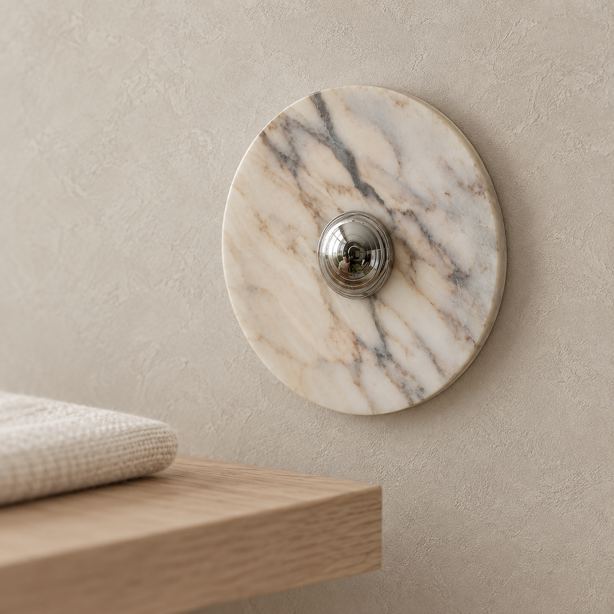 Talemio chrome marble wall sconce close up showing the center touch switch and veined marble