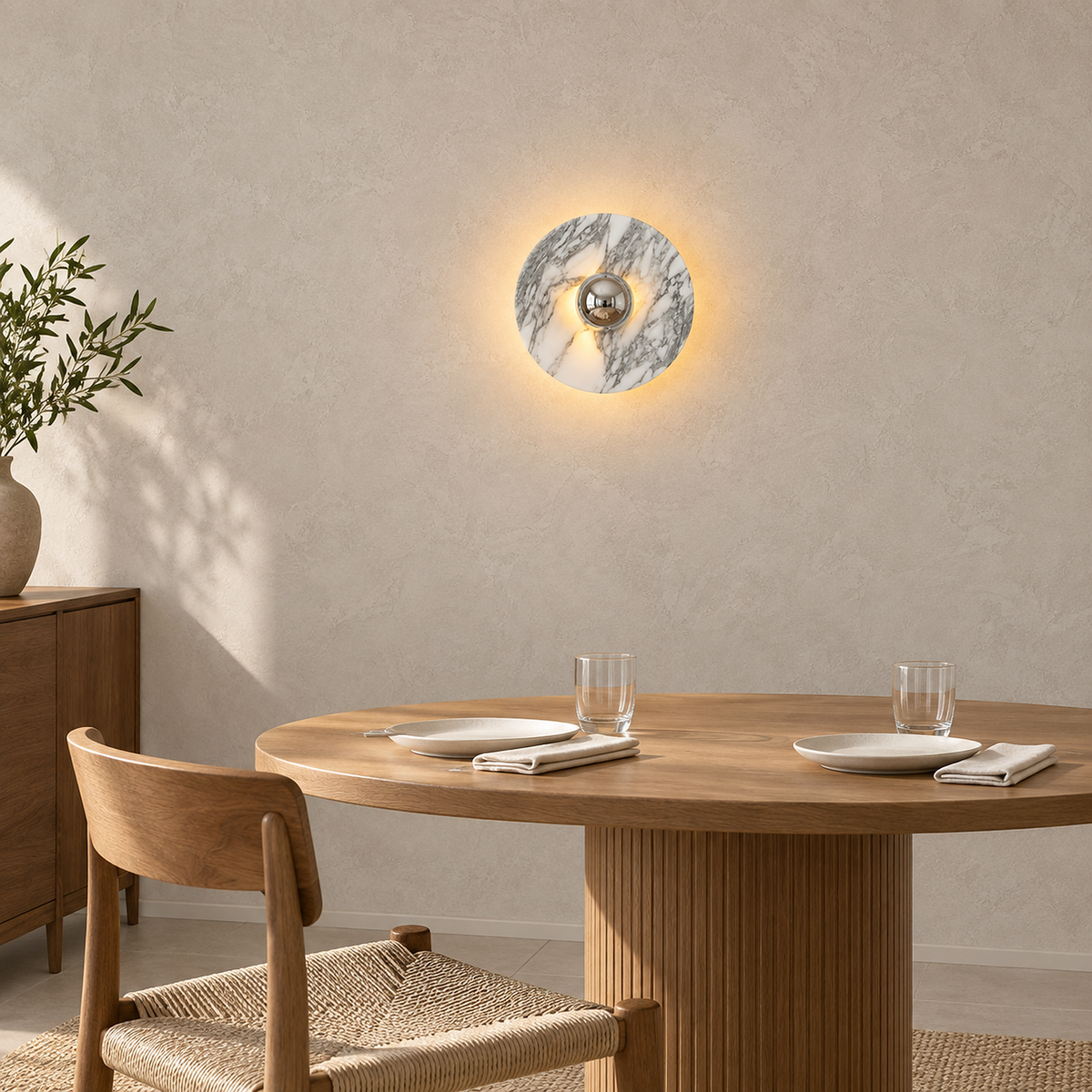 Talemio chrome marble wall sconce lit in a dining room with no cord showing below