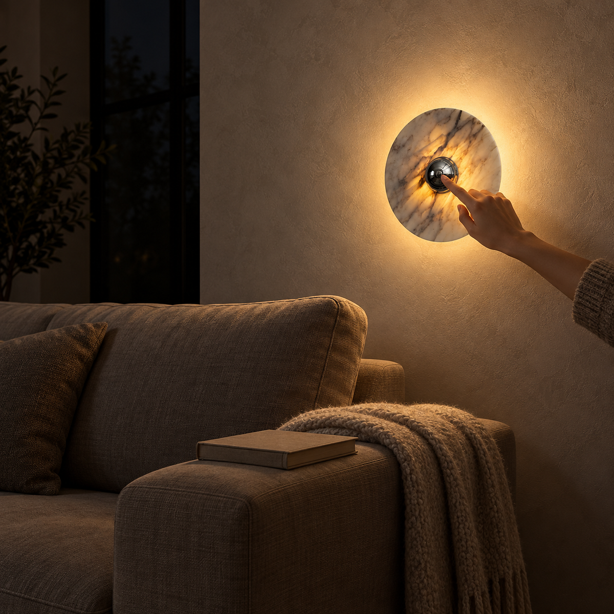 Talemio chrome marble wall sconce warming a living room during an evening at home