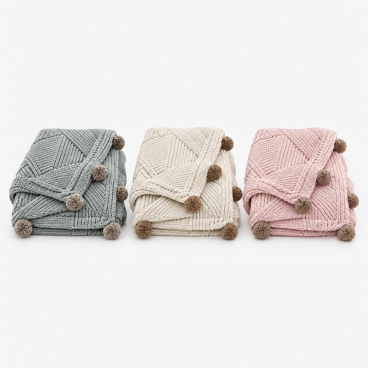 Talenvo knit throw blanket in light gray, beige and pink color options folded side by side, each sold by the piece