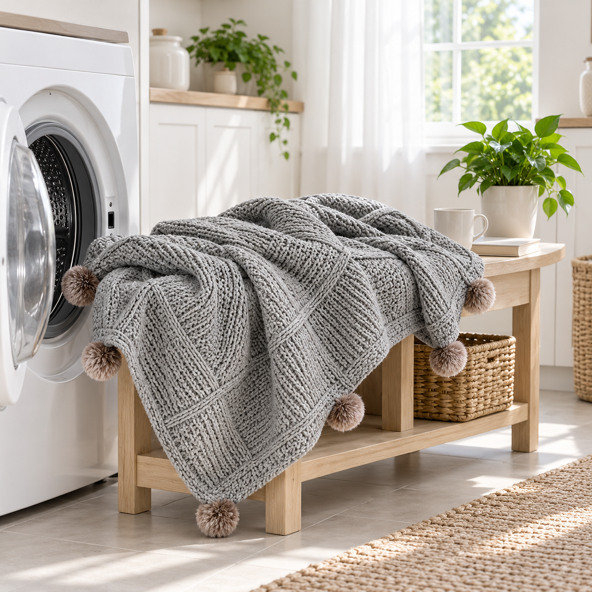 Talenvo machine washable throw blanket in light gray, beside an open home washing machine