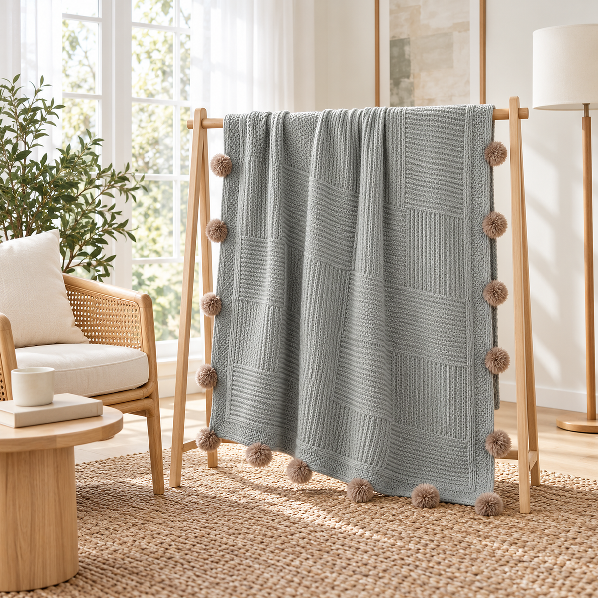 Talenvo soft throw blanket in light gray, opened over a blanket rail in a glazed sunroom