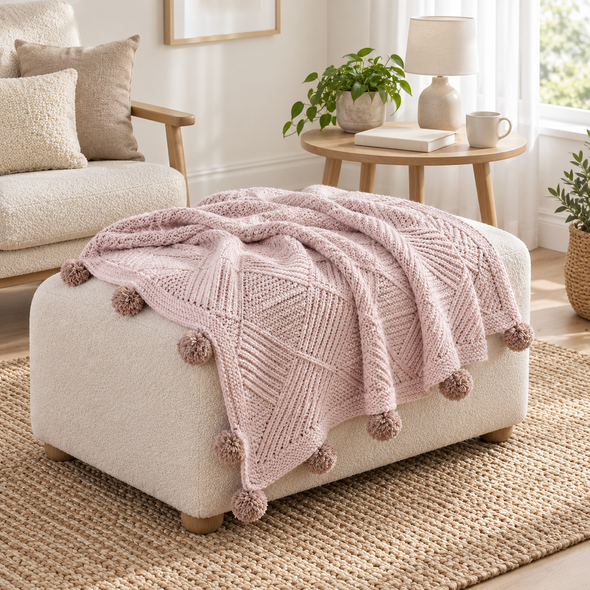 Talenvo soft throw blanket in pink, resting in loose folds on an ottoman #color_pink