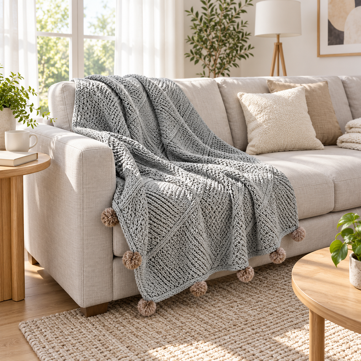 Talenvo throw blanket for couch in light gray, covering a sofa seat and front in a living room