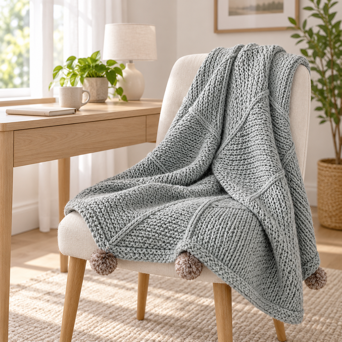 Talenvo throw blanket in light gray, border of fuzzy pom poms hanging by a window writing nook