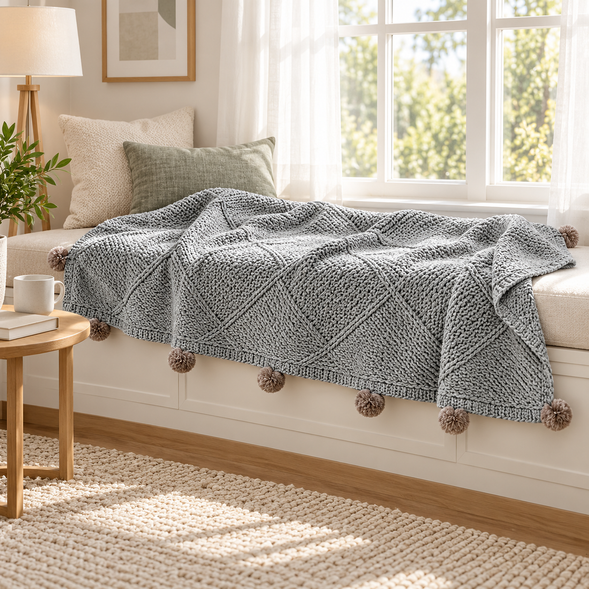 Talenvo throw blanket in light gray, opened along a window seat with pom poms at the edge
