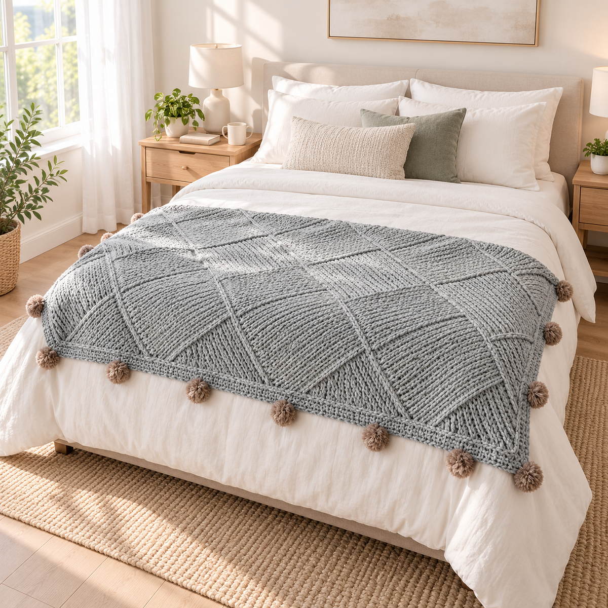 Talenvo throw blanket in light gray, spread across the foot of a queen bed in a bedroom