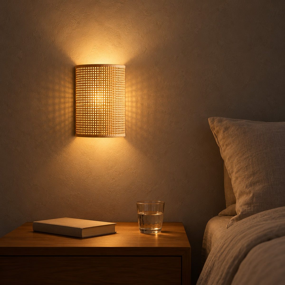 Talmevi light tan bedside wall light glowing at night, leaving the nightstand clear