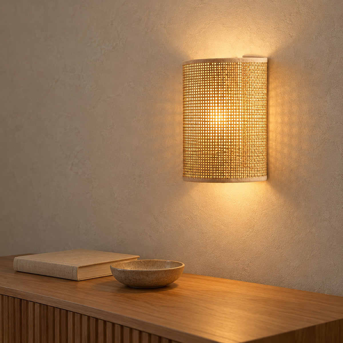 Talmevi light tan plug in wall lamp mounted in an entry nook, keeping the surface below free